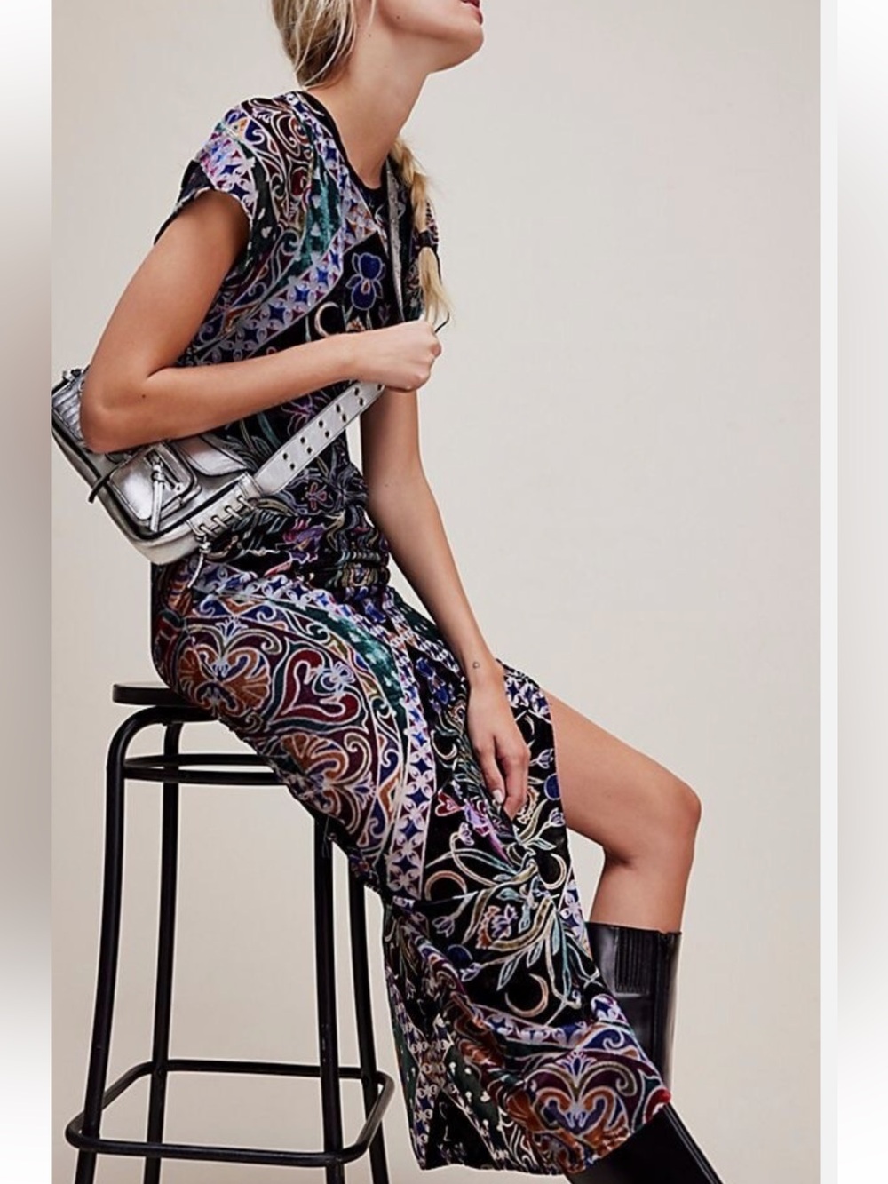 Free People Sz S Dress Iris Velvet Black Multicolour Midi Boho Festival Party - Picture 9 of 12